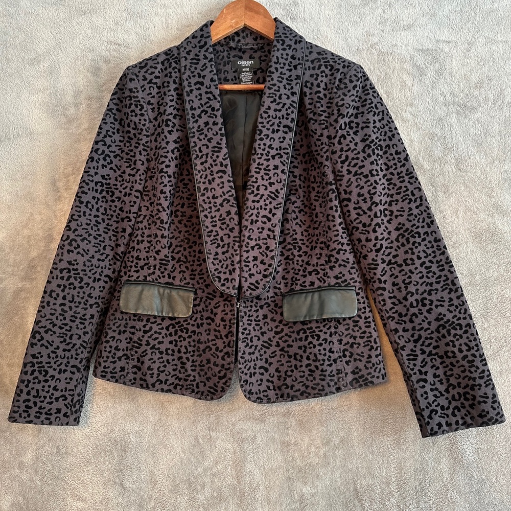 Sigrid Olsen Europe Black Velvet Leopard Print Women's Blazer Size M 10 Jacket